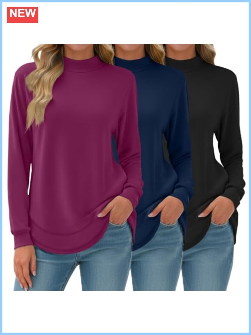 Mock Neck Sweatshirts Long Sleeve Tunic Tops Curved Hem 3 Pack